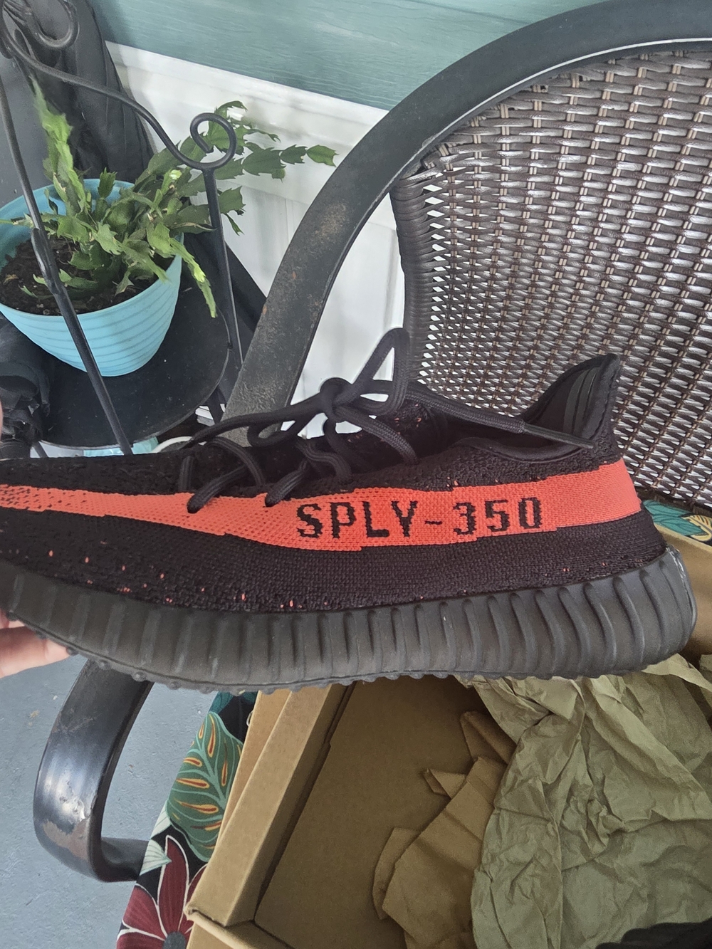 Yeezy Men's Black Sneakers with Bold Red Stripe - Picture 2 of 2